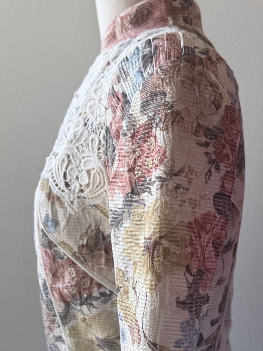 Vintage Tapestry Floral Lace Panel Zip Front Jacket — Cream, Blush & Sage - Picture 6 of 12